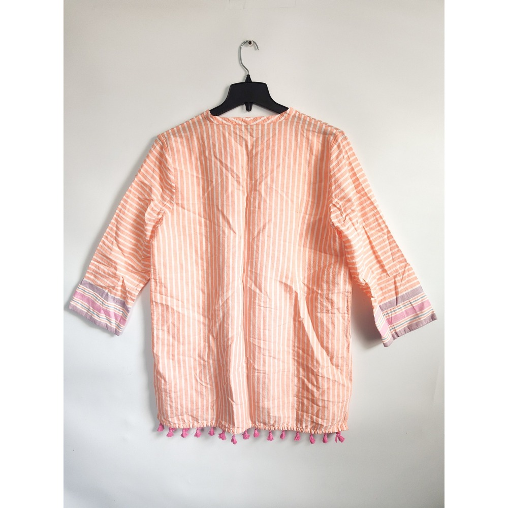 J.Crew Tunic Top Swimsuit Coverup XL Orange Pink Striped Linen Cotton Tassels - Picture 4 of 8